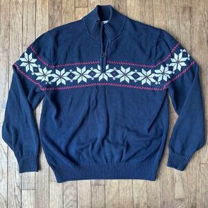 Fair Isle Snowflake Quarter Zip Sweater Nordic Mens XL  Navy Cotton
